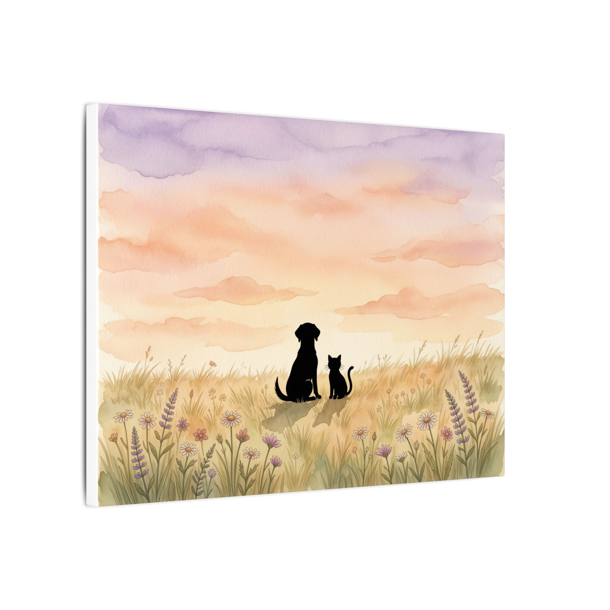 Pet Memorial Canvas - Dog and Cat Silhouettes in a Sunset Meadow