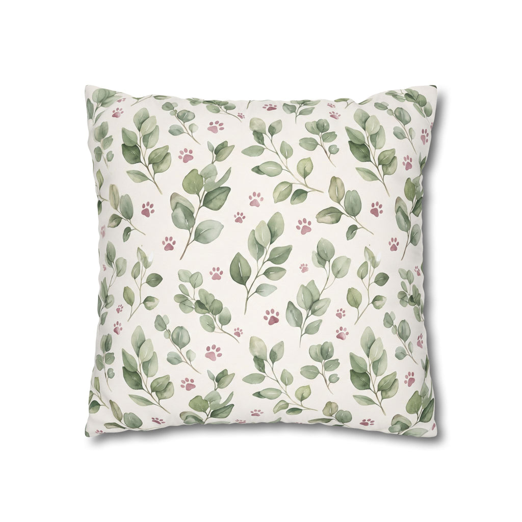 Pet Memorial Pillow Cover - Sage Leaves and Paw Prints Square Cushion Cover