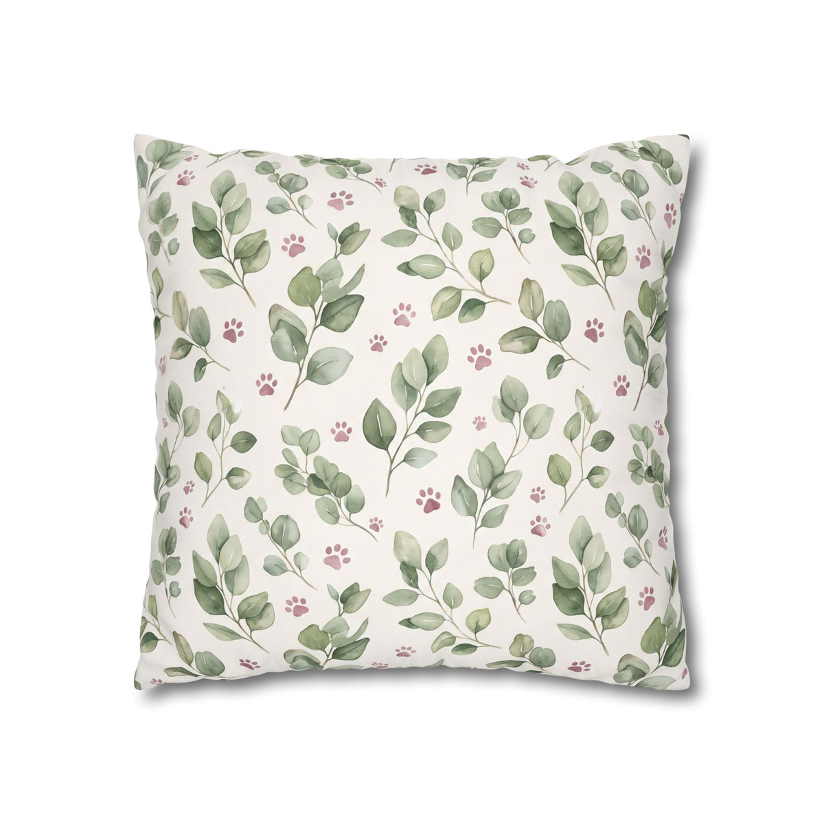 Pet Memorial Pillow Cover - Sage Leaves and Paw Prints Square Cushion Cover