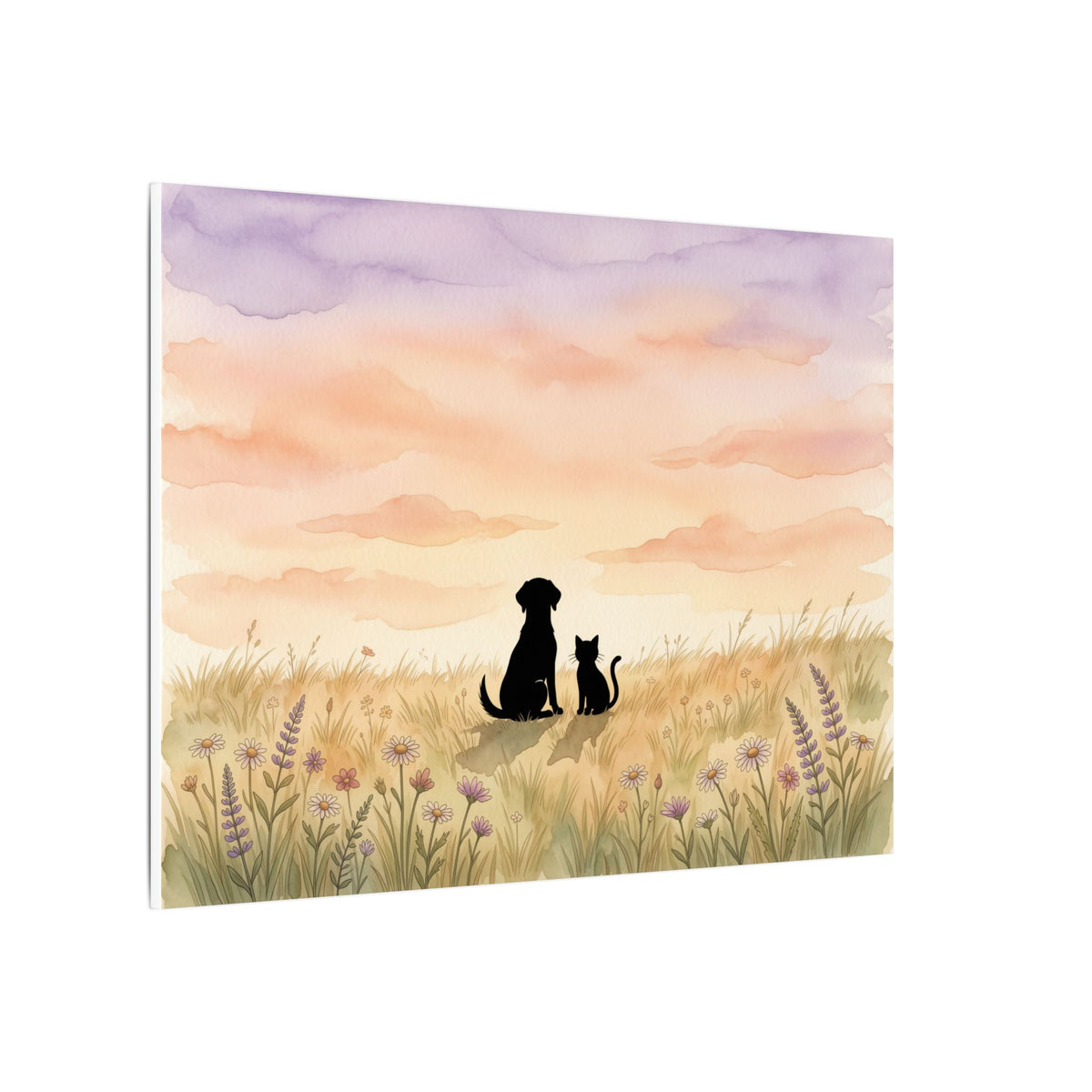 Pet Memorial Canvas - Dog and Cat Silhouettes in a Sunset Meadow