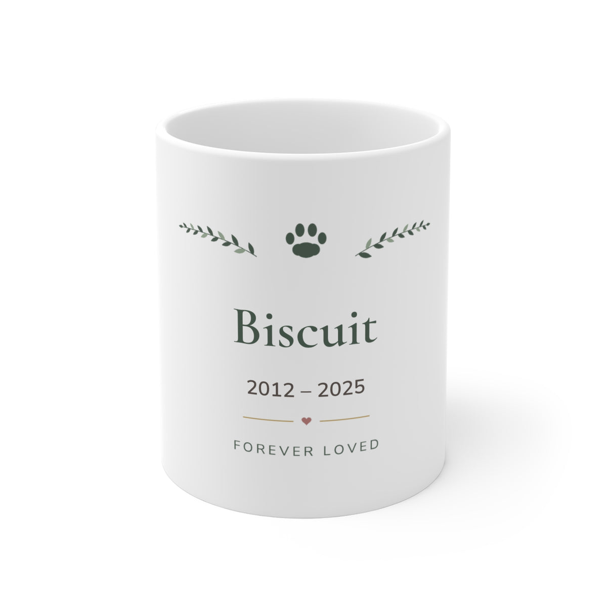 White 11oz personalized pet memorial mug with a pet's name and dates, a small sage paw, leaf sprigs and 'Forever Loved'