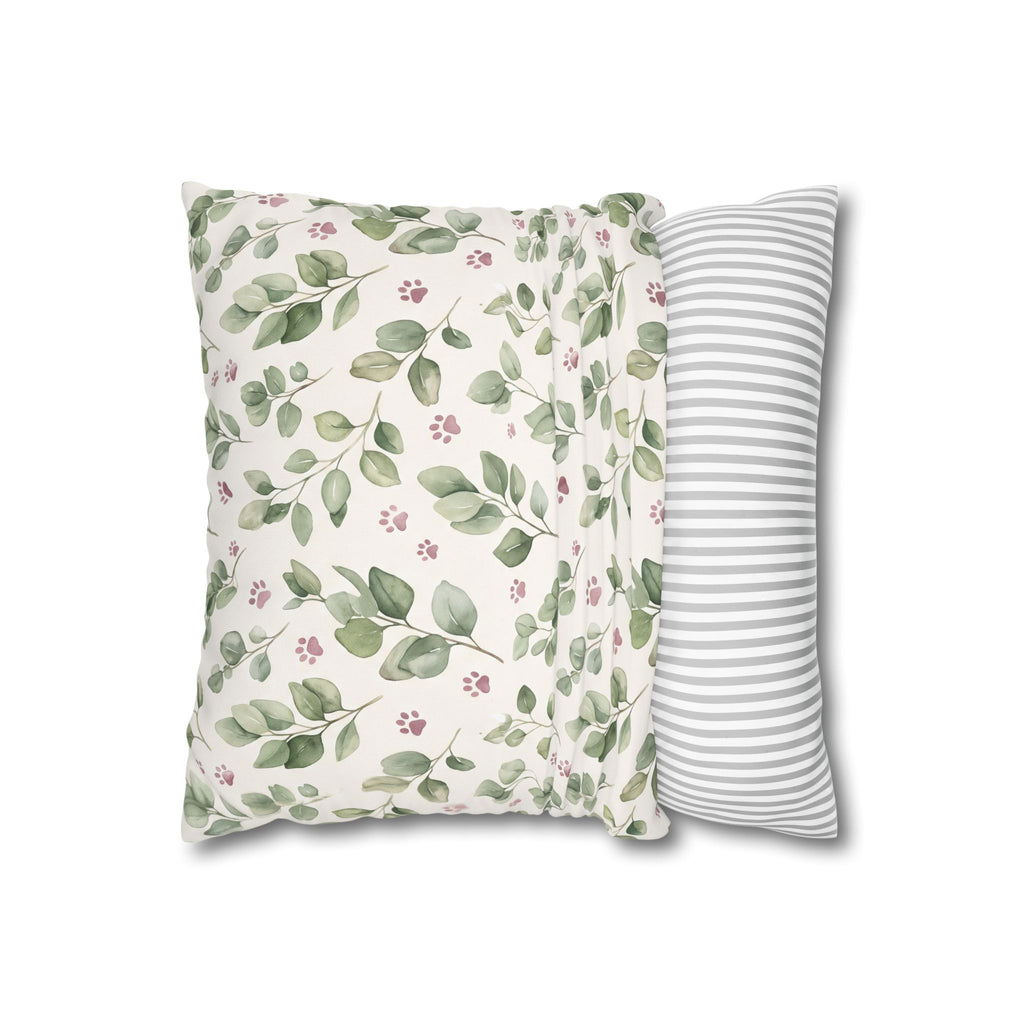 Pet Memorial Pillow Cover - Sage Leaves and Paw Prints Square Cushion Cover