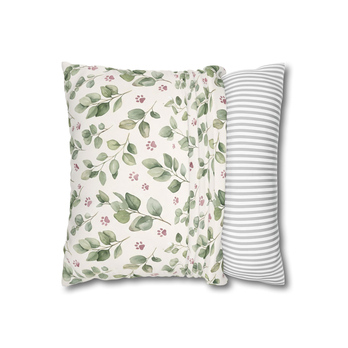 Pet Memorial Pillow Cover - Sage Leaves and Paw Prints Square Cushion Cover