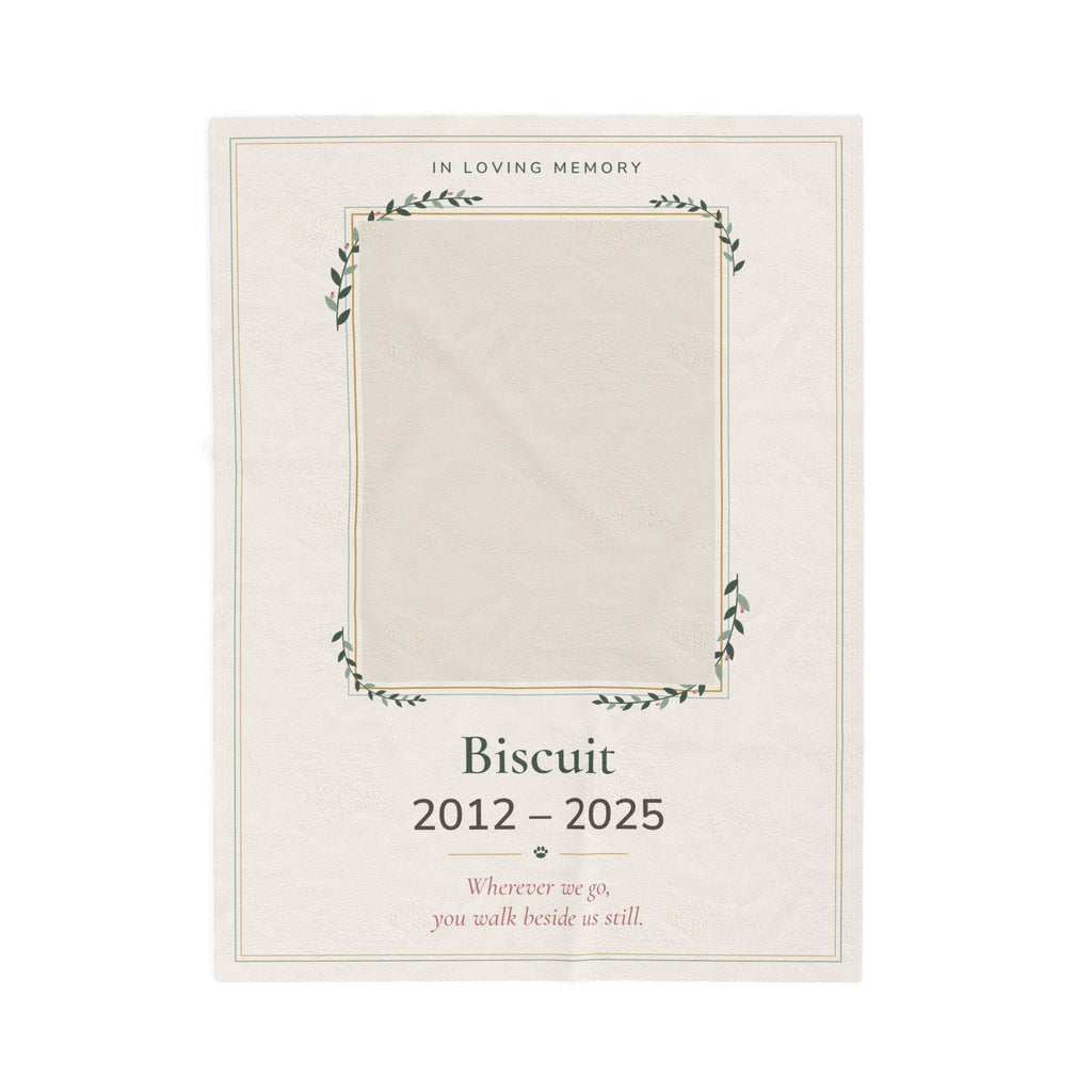 Personalized pet memorial blanket printed with a pet photo, name and years on soft velveteen plush
