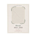Personalized pet memorial blanket printed with a pet photo, name and years on soft velveteen plush