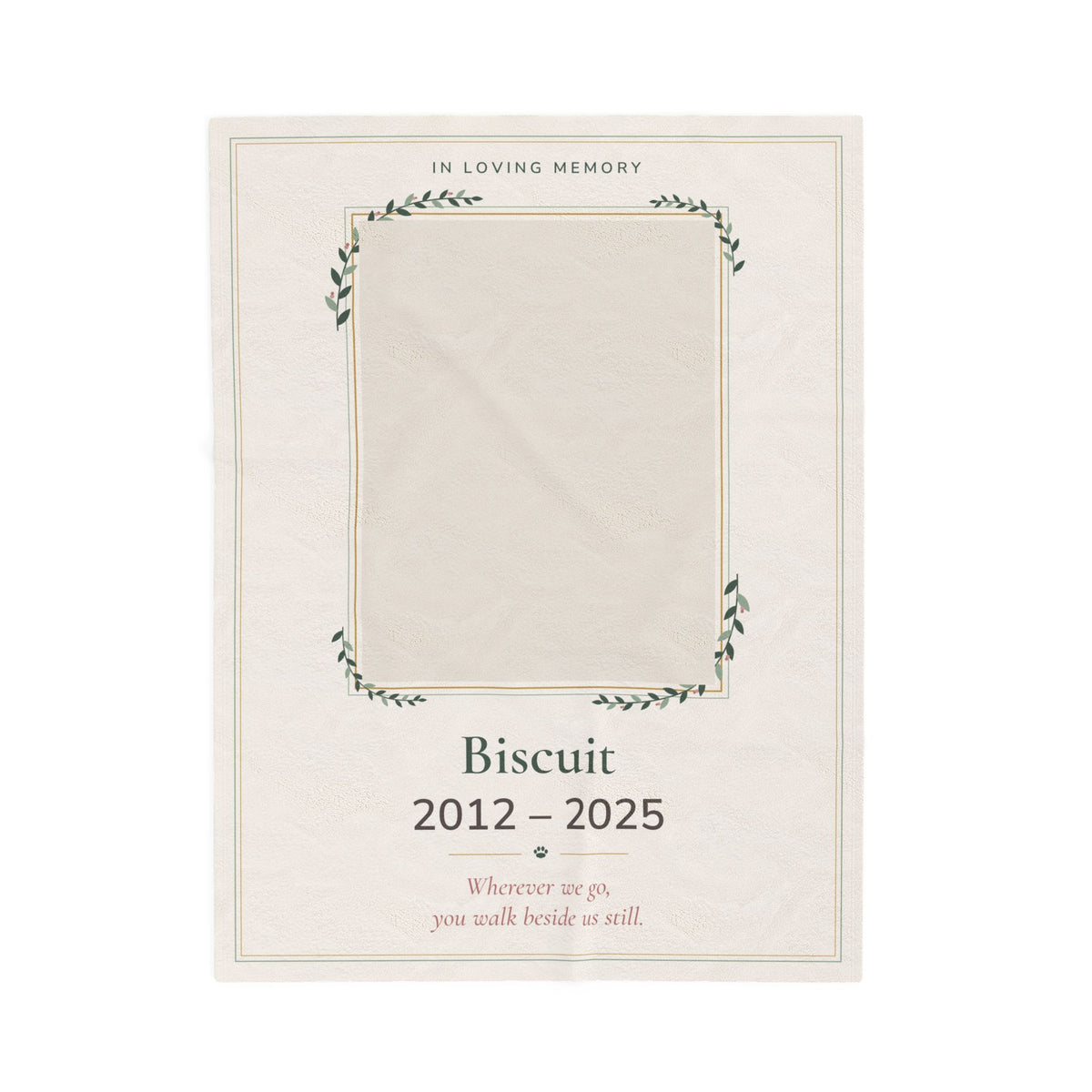 Personalized pet memorial blanket printed with a pet photo, name and years on soft velveteen plush