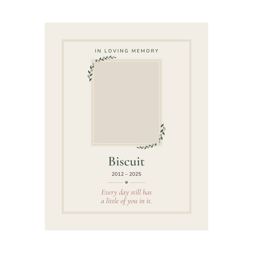 Personalized pet memorial print with a pet photo in a gold and sage frame design, 'In Loving Memory', name and dates - view 8