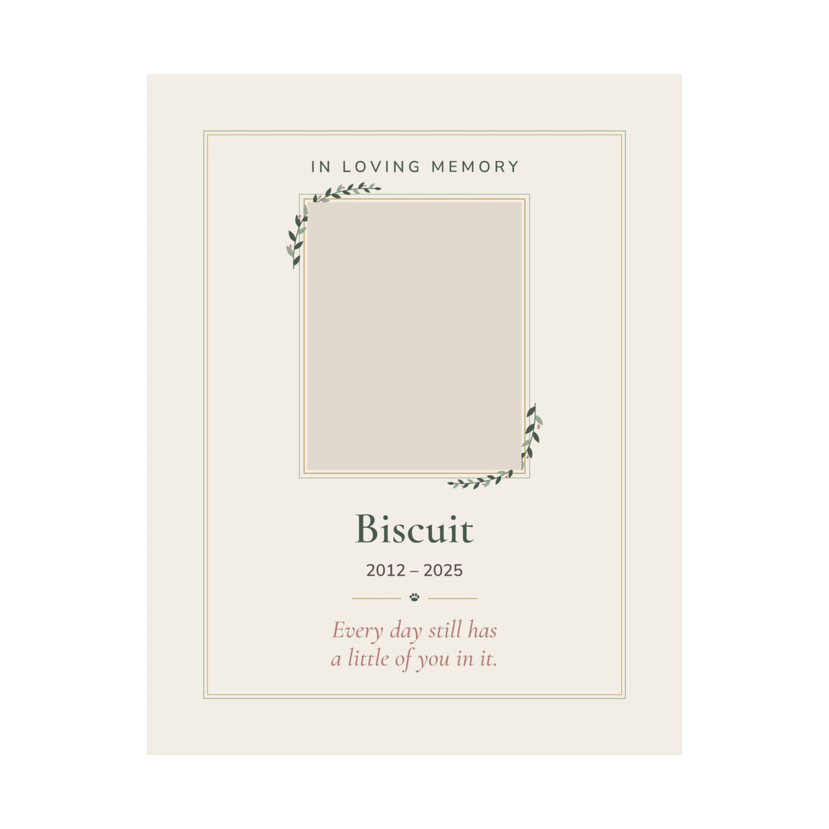 Personalized pet memorial print with a pet photo in a gold and sage frame design, 'In Loving Memory', name and dates - view 8