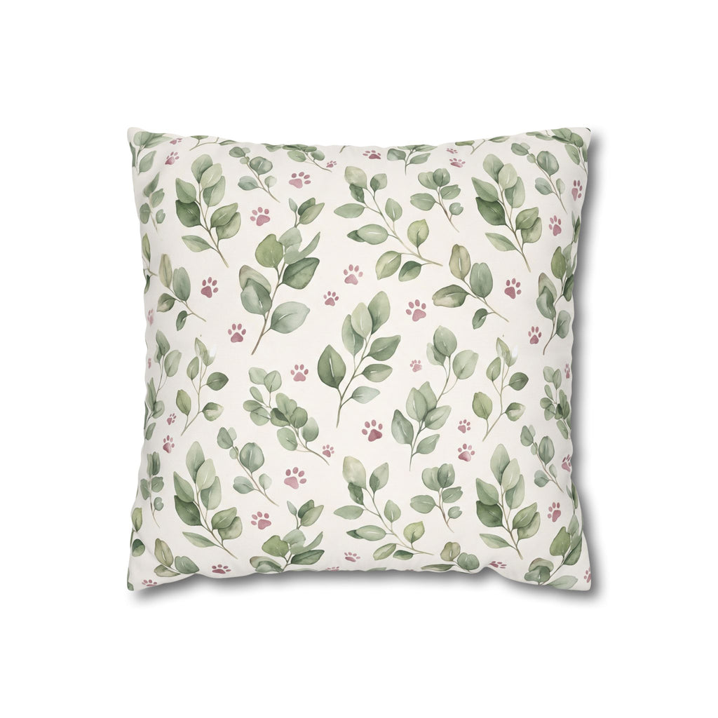 Pet Memorial Pillow Cover - Sage Leaves and Paw Prints Square Cushion Cover