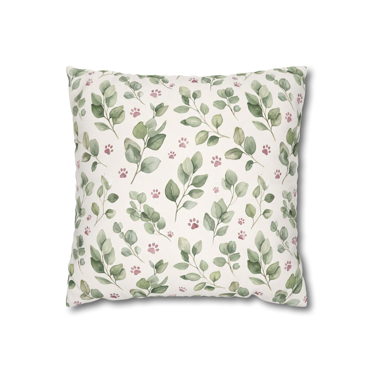 Pet Memorial Pillow Cover - Sage Leaves and Paw Prints Square Cushion Cover