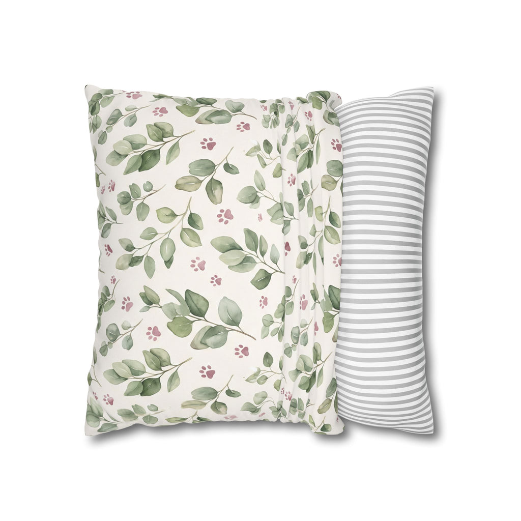 Pet Memorial Pillow Cover - Sage Leaves and Paw Prints Square Cushion Cover