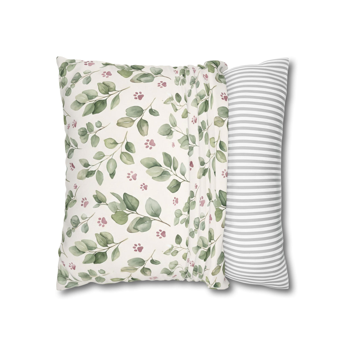 Pet Memorial Pillow Cover - Sage Leaves and Paw Prints Square Cushion Cover
