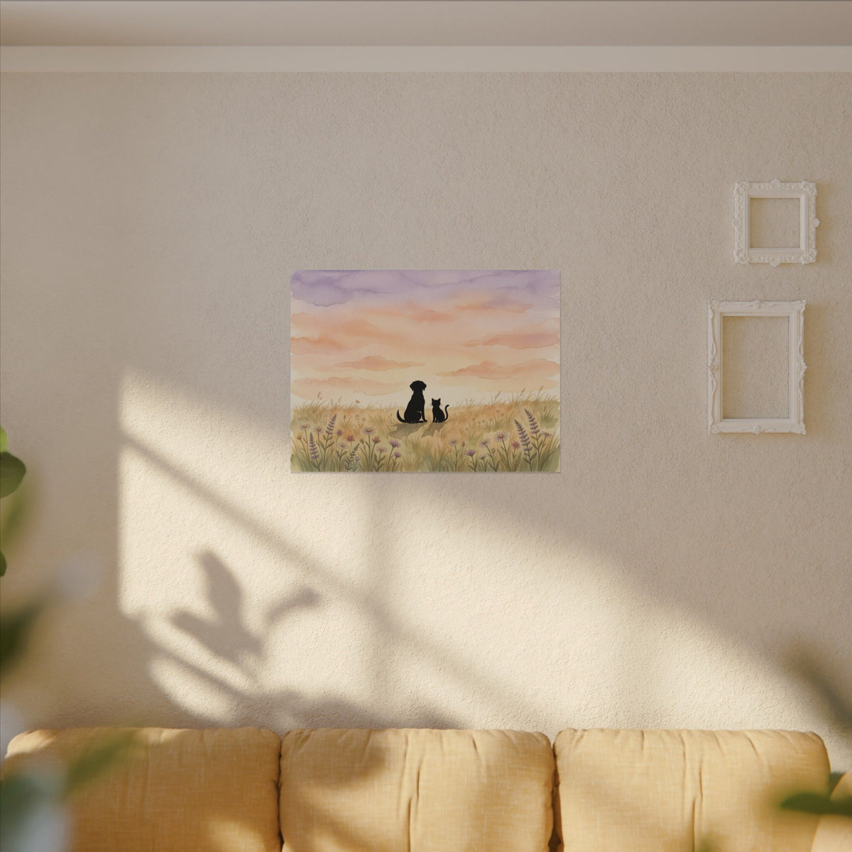 Pet Memorial Canvas - Dog and Cat Silhouettes in a Sunset Meadow
