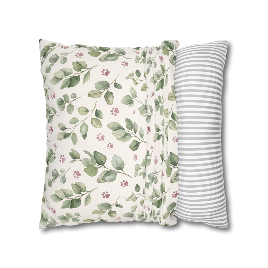 Pet Memorial Pillow Cover - Sage Leaves and Paw Prints Square Cushion Cover