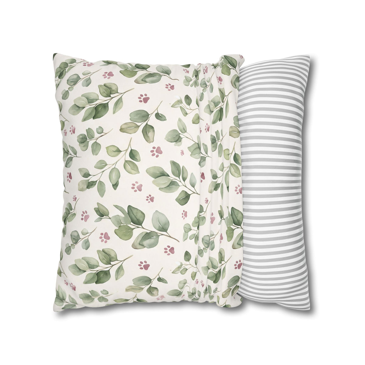 Pet Memorial Pillow Cover - Sage Leaves and Paw Prints Square Cushion Cover