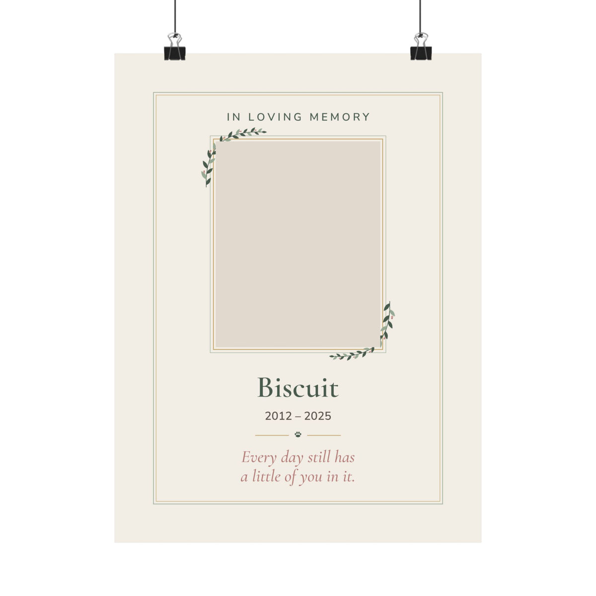 Personalized pet memorial print with a pet photo in a gold and sage frame design, 'In Loving Memory', name and dates - view 4