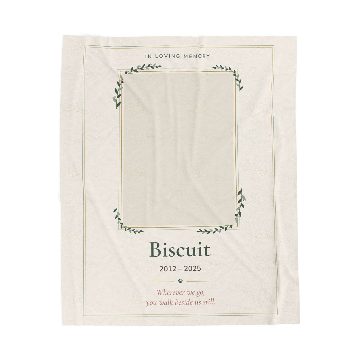 Personalized pet memorial blanket printed with a pet photo, name and years on soft velveteen plush - view 2