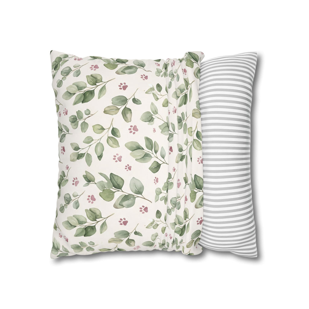 Pet Memorial Pillow Cover - Sage Leaves and Paw Prints Square Cushion Cover