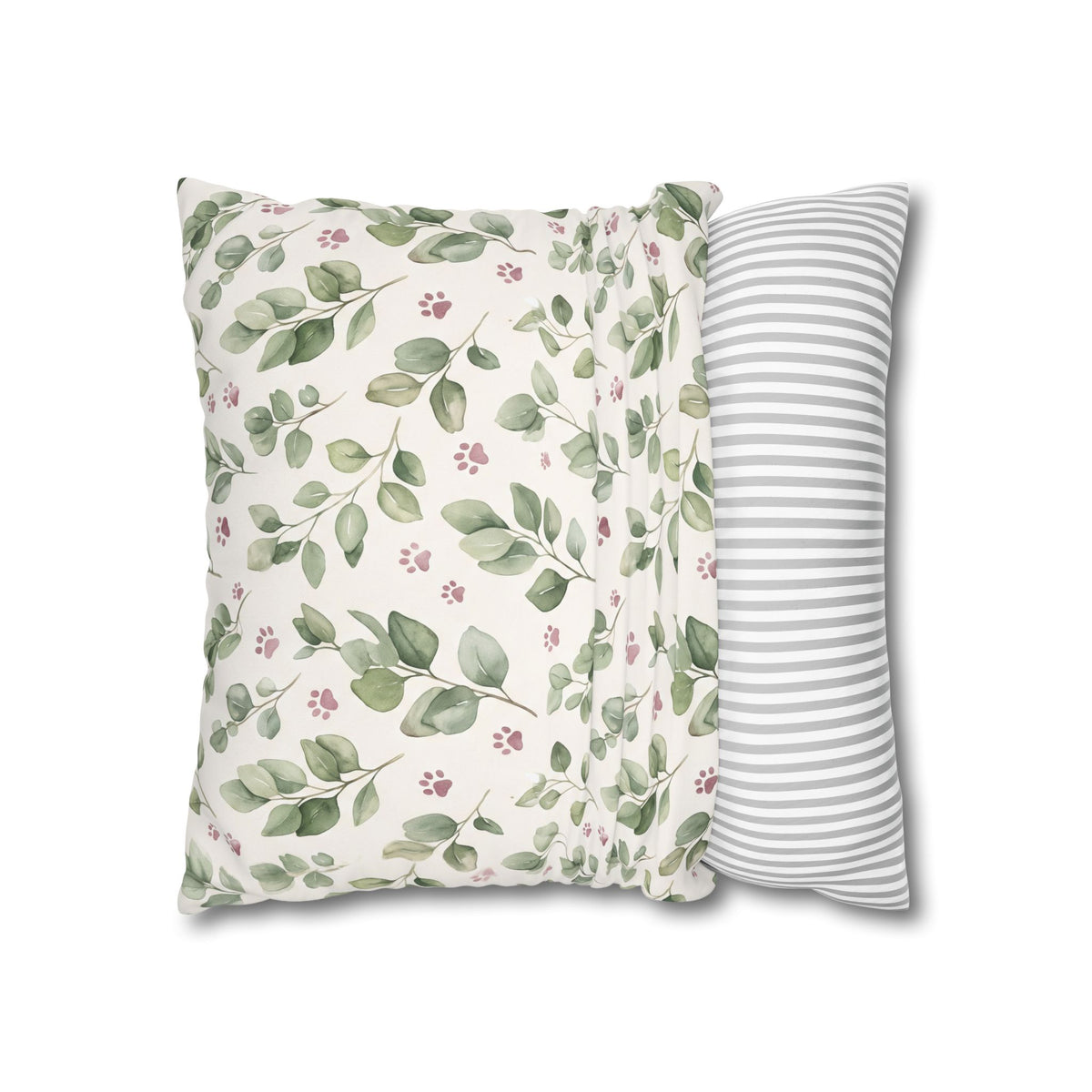 Pet Memorial Pillow Cover - Sage Leaves and Paw Prints Square Cushion Cover
