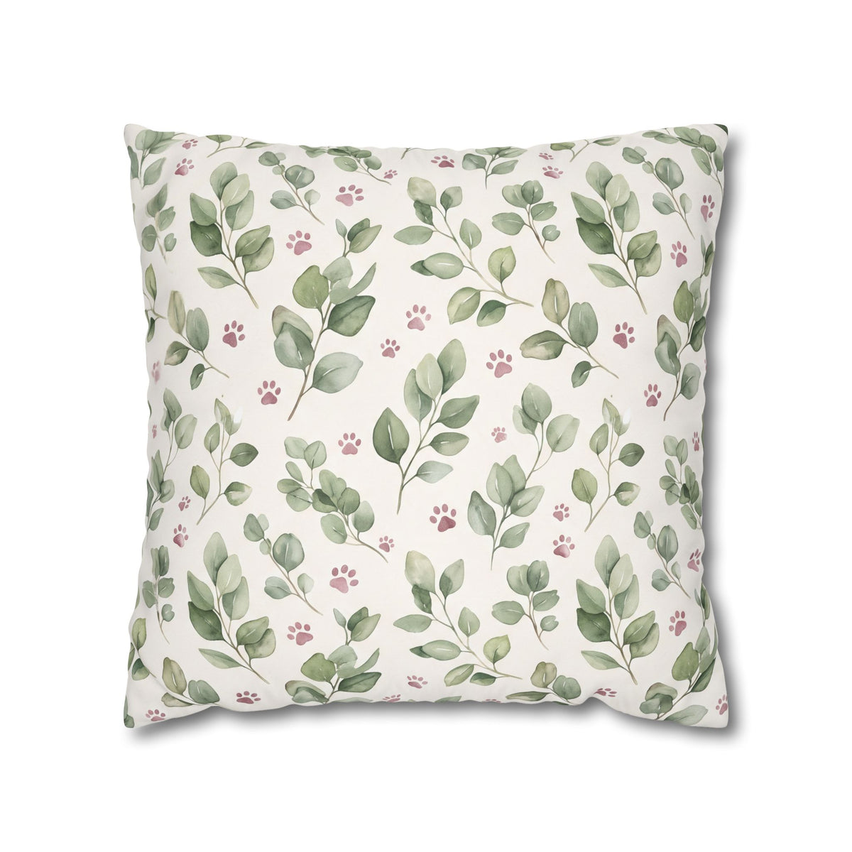 Pet Memorial Pillow Cover - Sage Leaves and Paw Prints Square Cushion Cover
