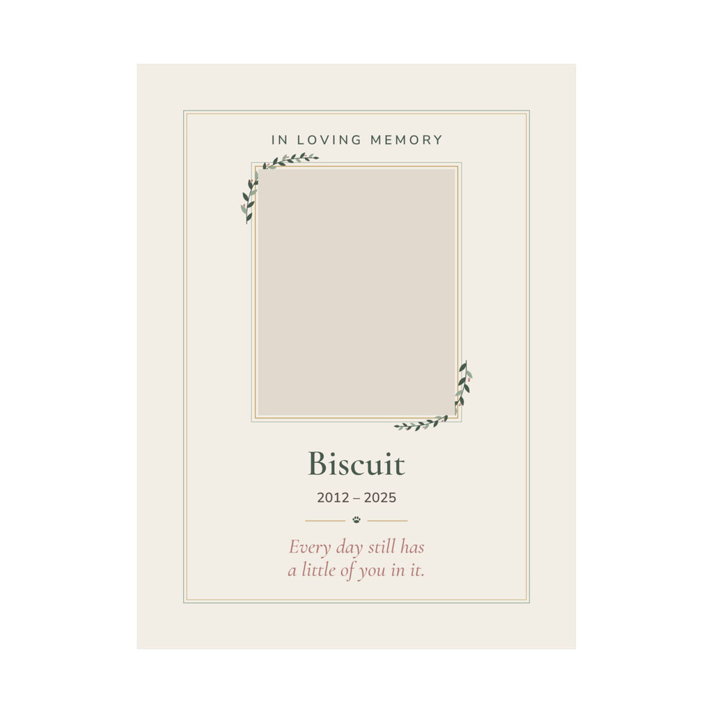 Personalized pet memorial print with a pet photo in a gold and sage frame design, 'In Loving Memory', name and dates - view 14