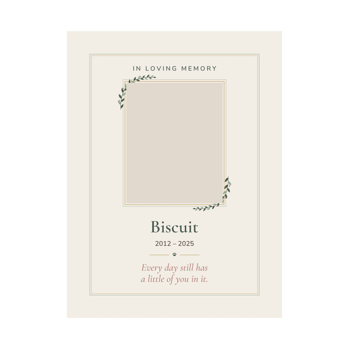 Personalized pet memorial print with a pet photo in a gold and sage frame design, 'In Loving Memory', name and dates - view 14