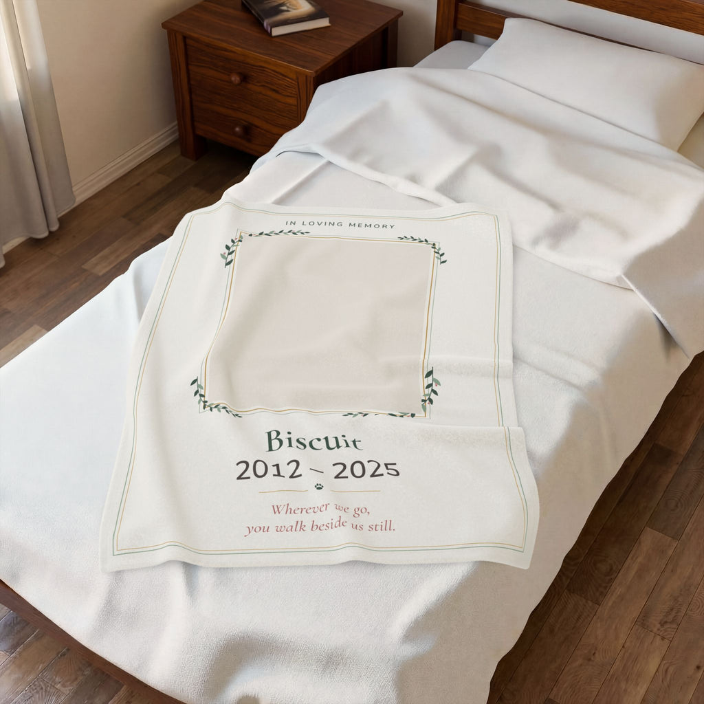Personalized pet memorial blanket printed with a pet photo, name and years on soft velveteen plush - view 3