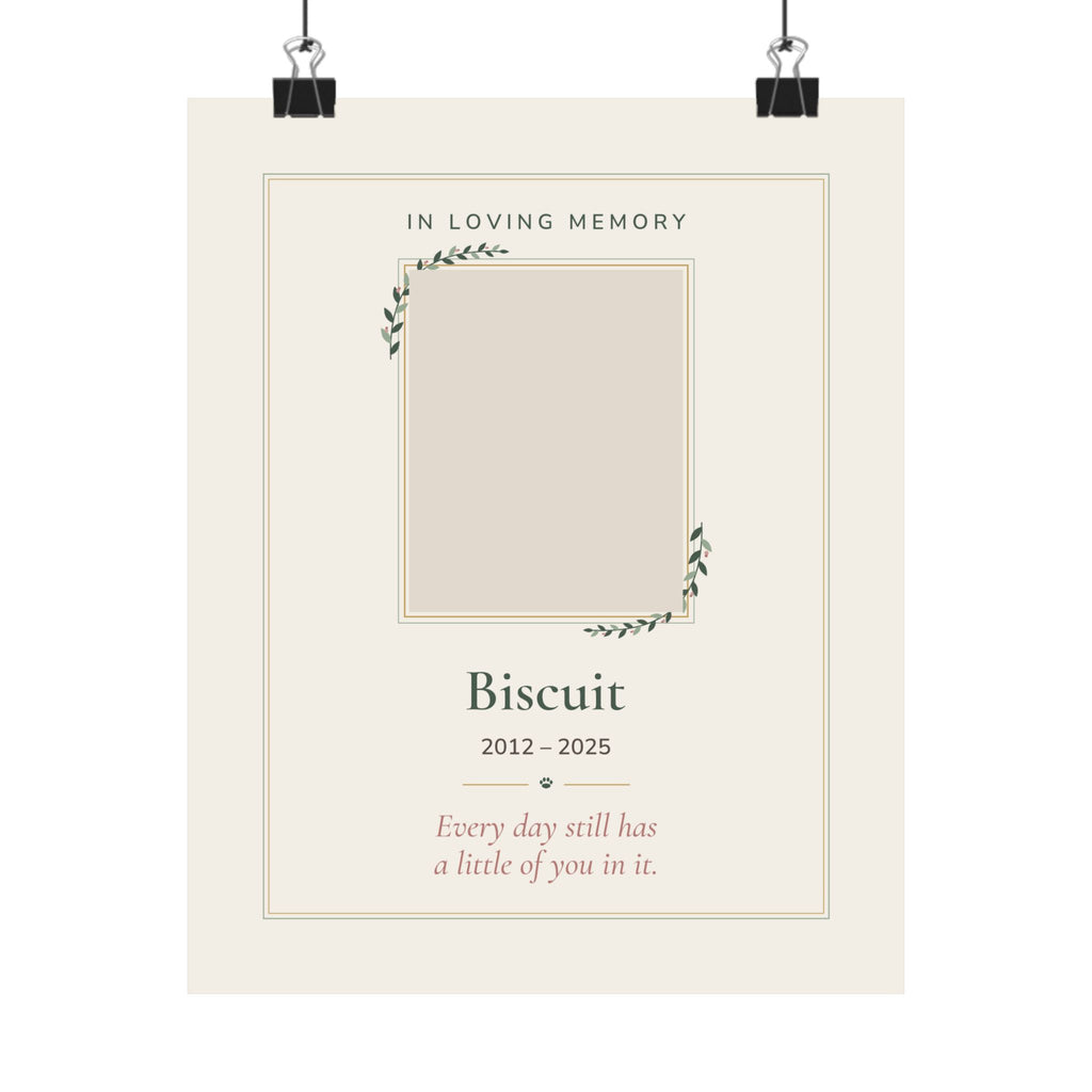 Personalized pet memorial print with a pet photo in a gold and sage frame design, 'In Loving Memory', name and dates - view 3