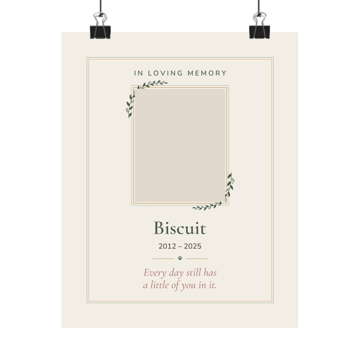 Personalized pet memorial print with a pet photo in a gold and sage frame design, 'In Loving Memory', name and dates - view 3