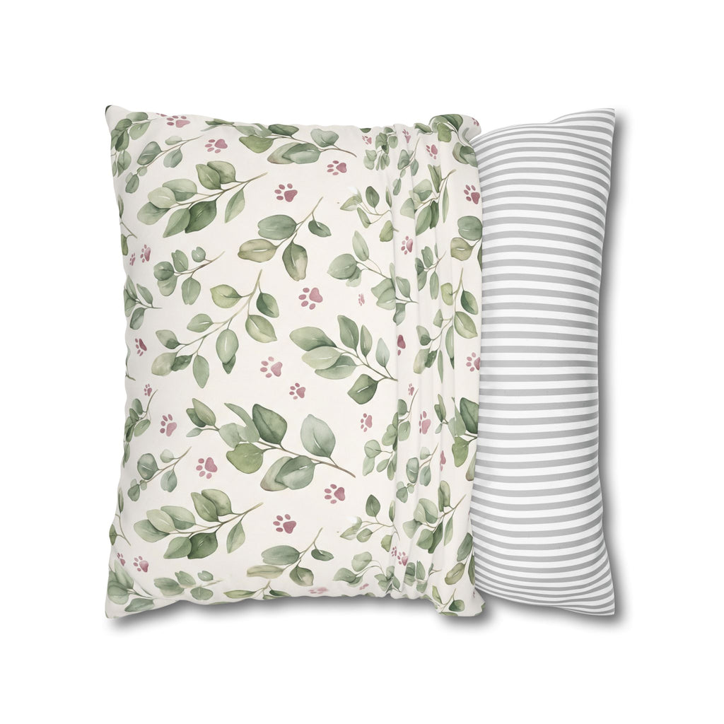 Pet Memorial Pillow Cover - Sage Leaves and Paw Prints Square Cushion Cover