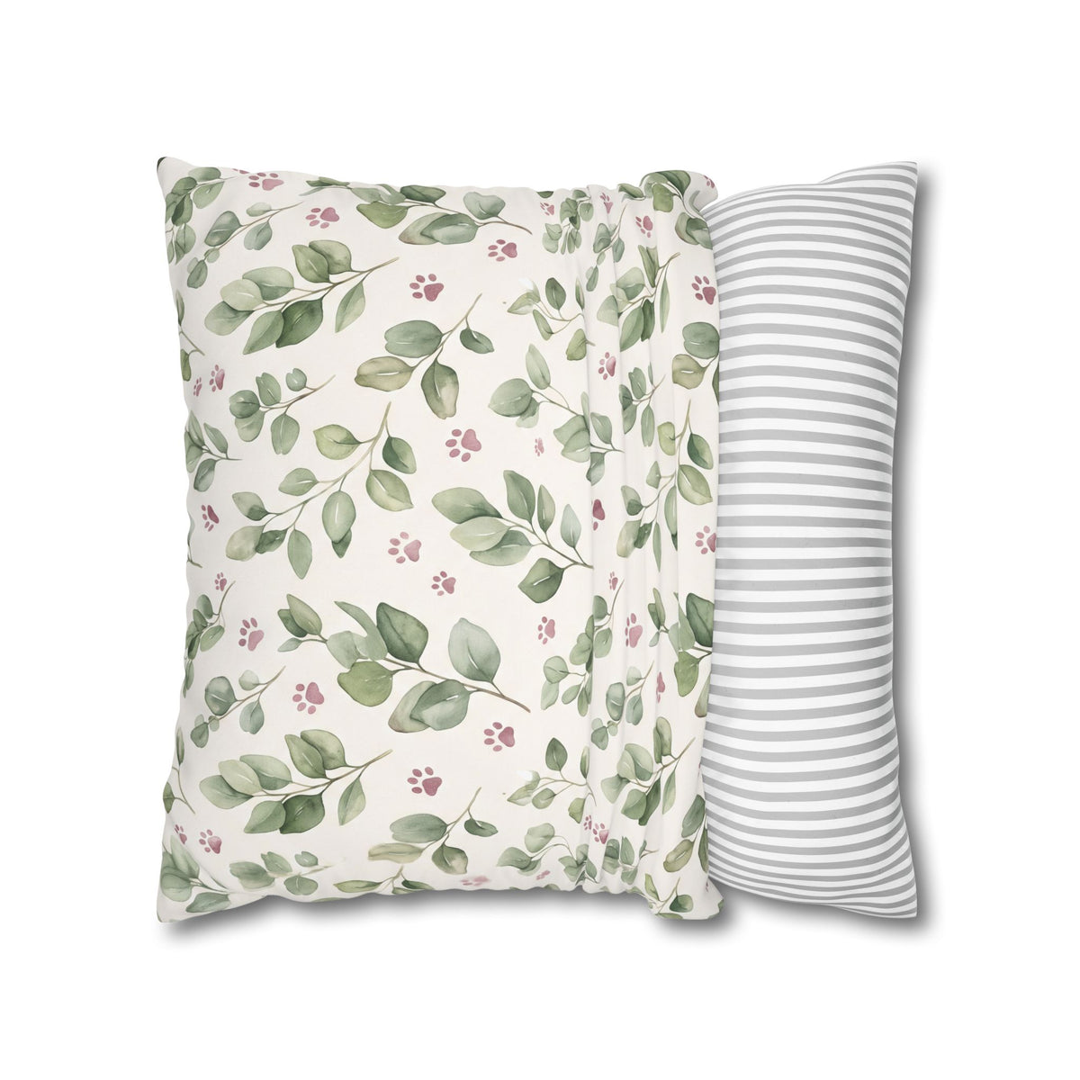 Pet Memorial Pillow Cover - Sage Leaves and Paw Prints Square Cushion Cover