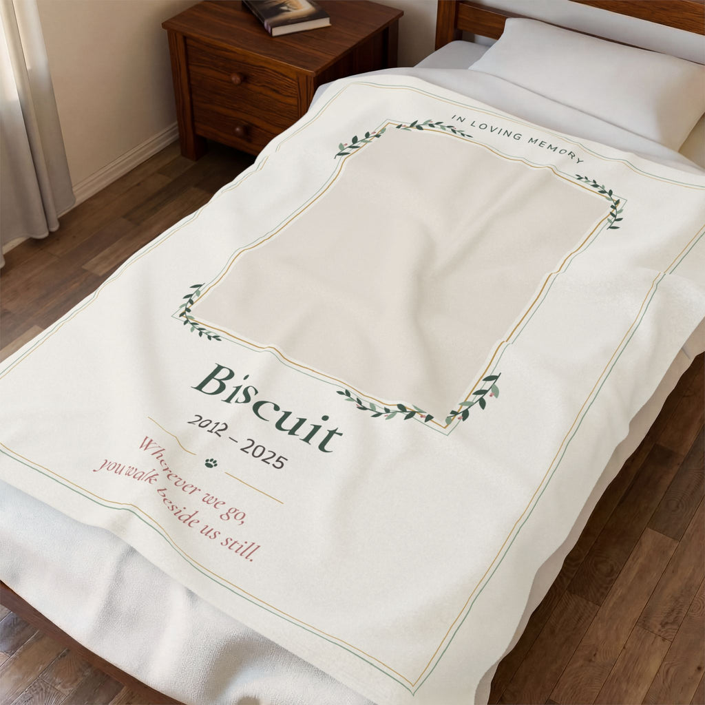 Personalized pet memorial blanket printed with a pet photo, name and years on soft velveteen plush - view 4