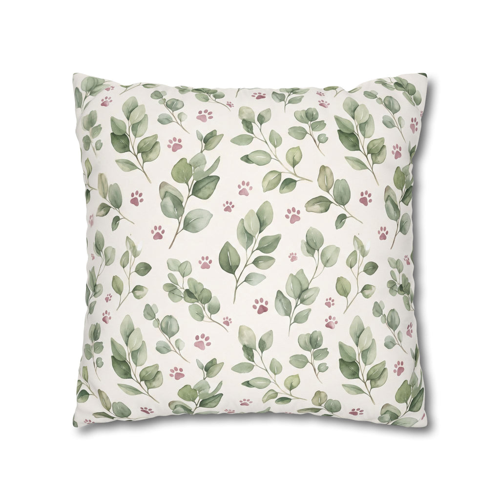 Pet Memorial Pillow Cover - Sage Leaves and Paw Prints Square Cushion Cover