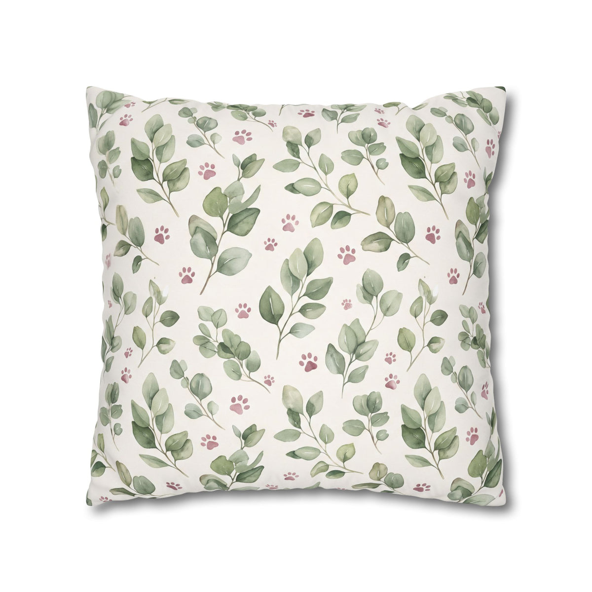 Pet Memorial Pillow Cover - Sage Leaves and Paw Prints Square Cushion Cover
