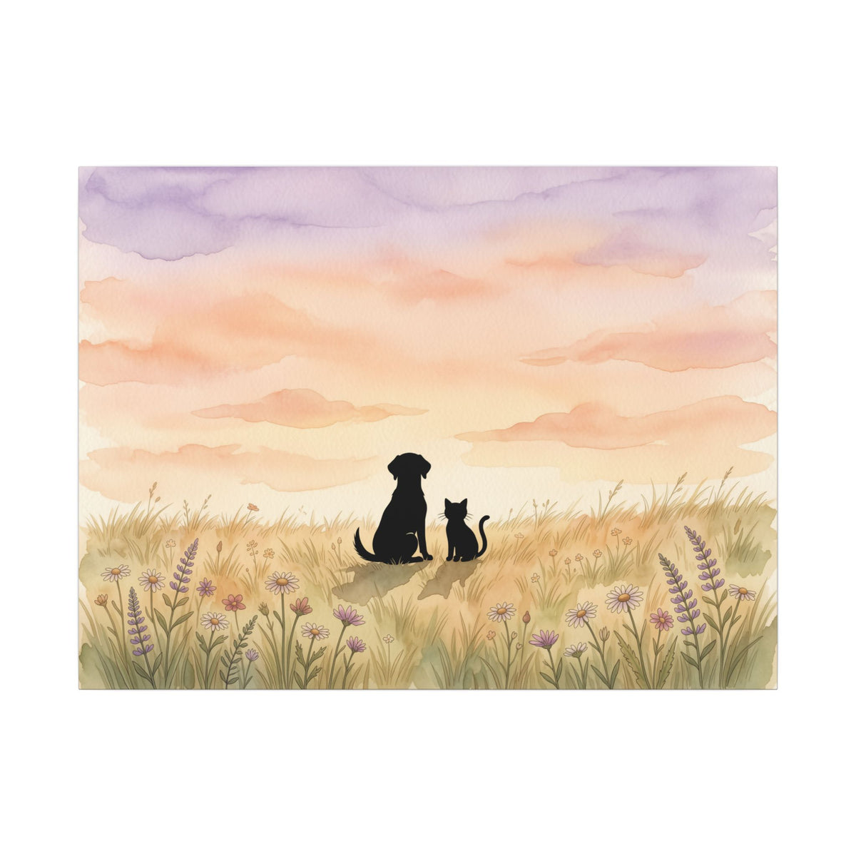 Pet Memorial Canvas - Dog and Cat Silhouettes in a Sunset Meadow