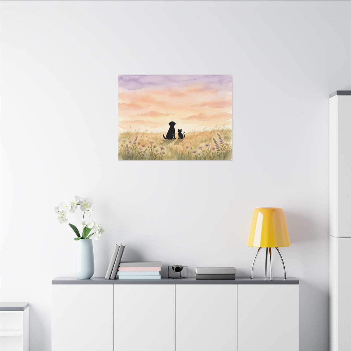 Pet Memorial Canvas - Dog and Cat Silhouettes in a Sunset Meadow