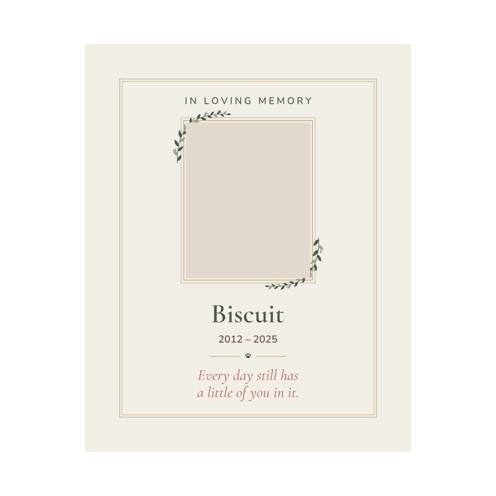 Personalized pet memorial print with a pet photo in a gold and sage frame design, 'In Loving Memory', name and dates - view 5