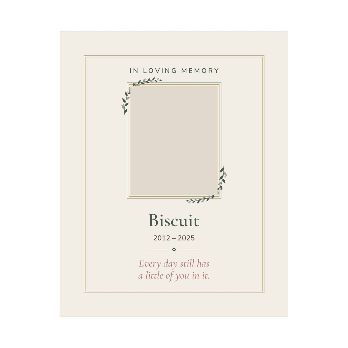 Personalized pet memorial print with a pet photo in a gold and sage frame design, 'In Loving Memory', name and dates - view 5
