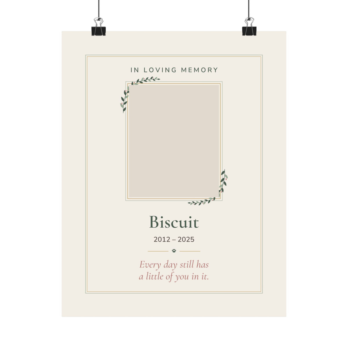 Personalized pet memorial print with a pet photo in a gold and sage frame design, 'In Loving Memory', name and dates - view 2