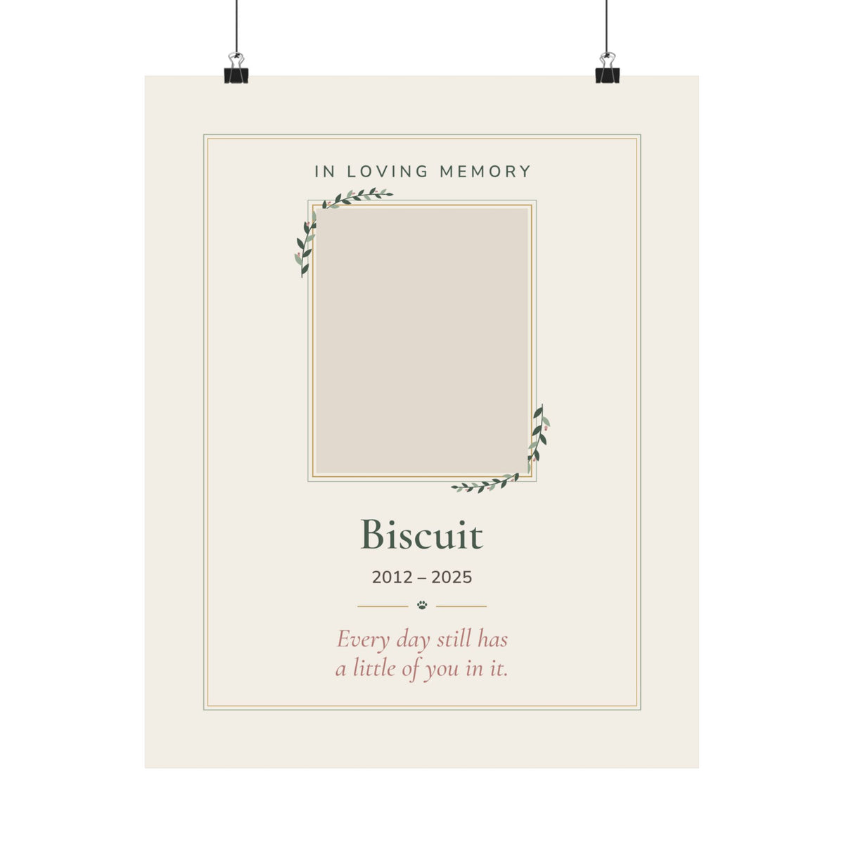Personalized pet memorial print with a pet photo in a gold and sage frame design, 'In Loving Memory', name and dates