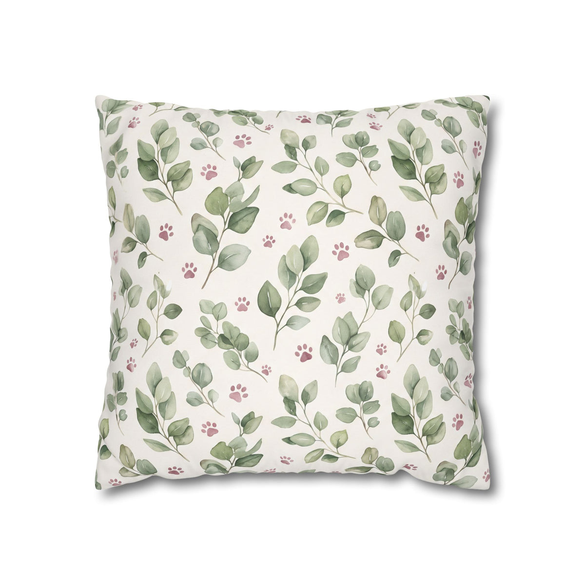 Pet Memorial Pillow Cover - Sage Leaves and Paw Prints Square Cushion Cover