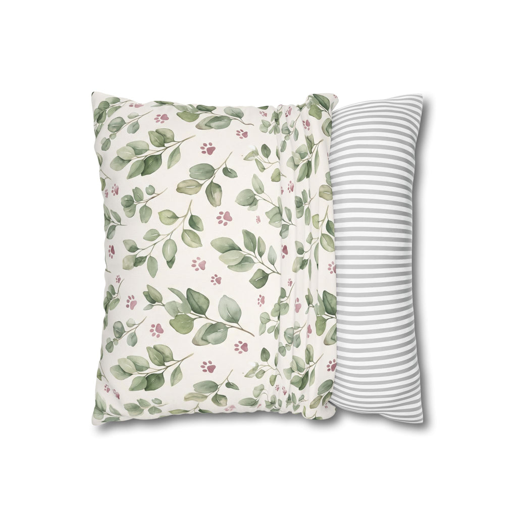 Pet Memorial Pillow Cover - Sage Leaves and Paw Prints Square Cushion Cover