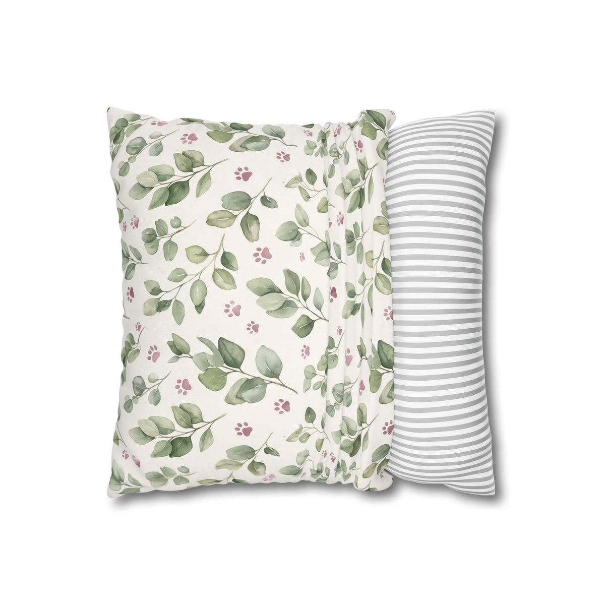 Pet Memorial Pillow Cover - Sage Leaves and Paw Prints Square Cushion Cover