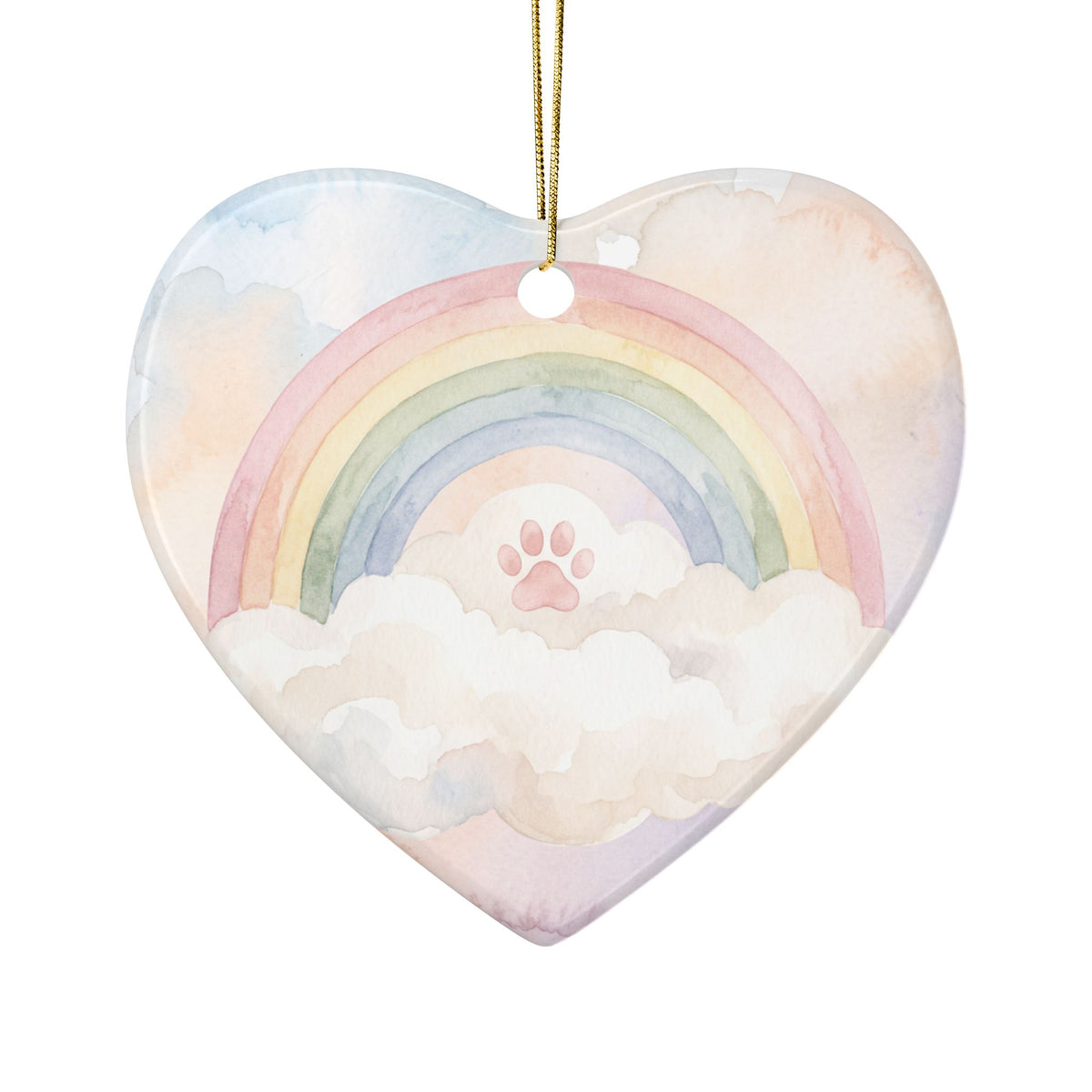 Rainbow Paw Print Pet Memorial Ornament - Heart-Shaped Ceramic Keepsake