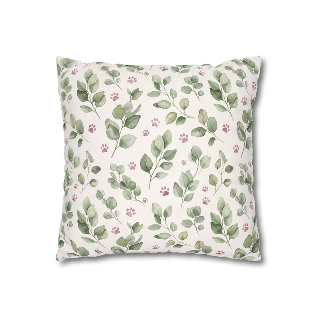 Pet Memorial Pillow Cover - Sage Leaves and Paw Prints Square Cushion Cover