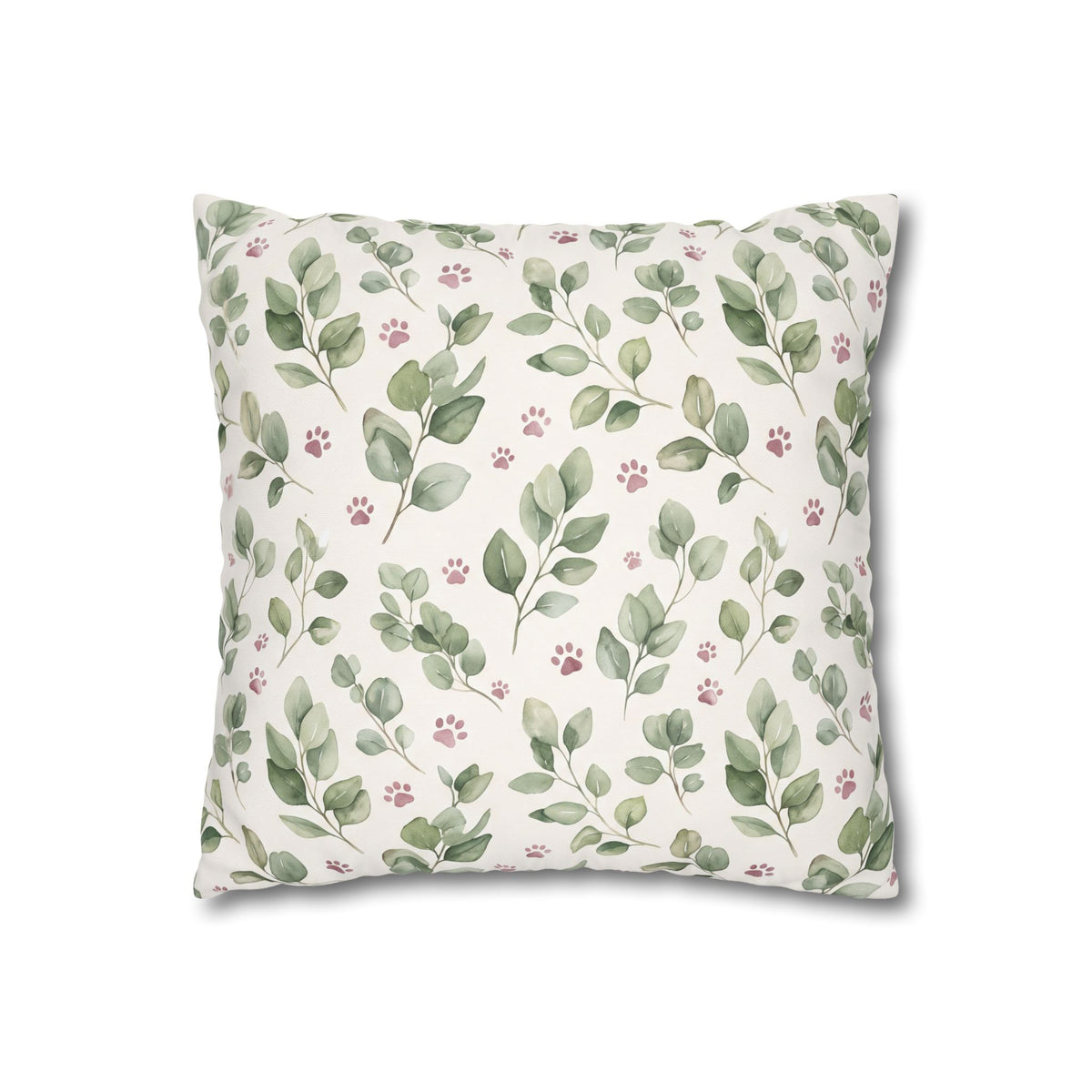 Pet Memorial Pillow Cover - Sage Leaves and Paw Prints Square Cushion Cover